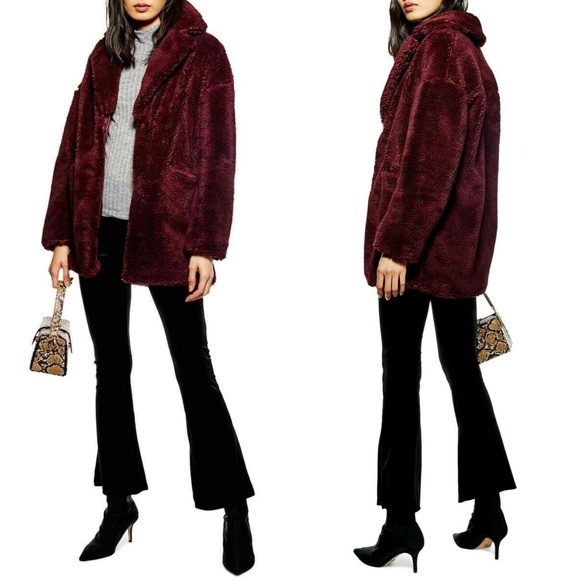 Topshop Jackets & Blazers - Topshop Bobby Faux Fur Burgundy Maroon Coat
